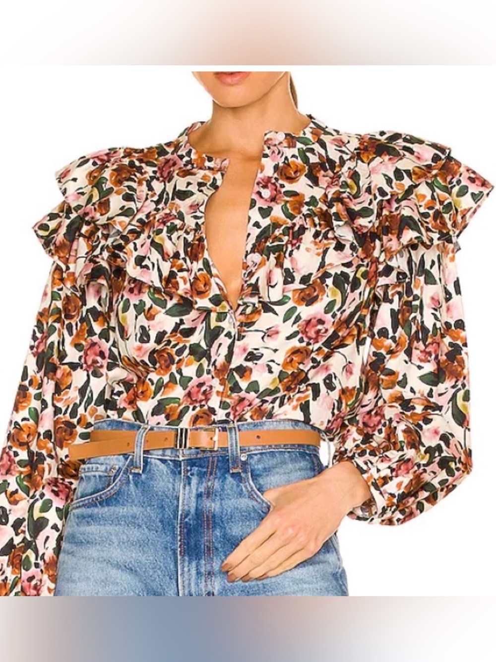 Something Navy Floral Ruffle Blouse in Pink & Brown
